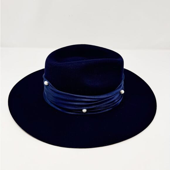 NWT Lele Sadoughi Wool Pearl Detail Navy Rancher Hat